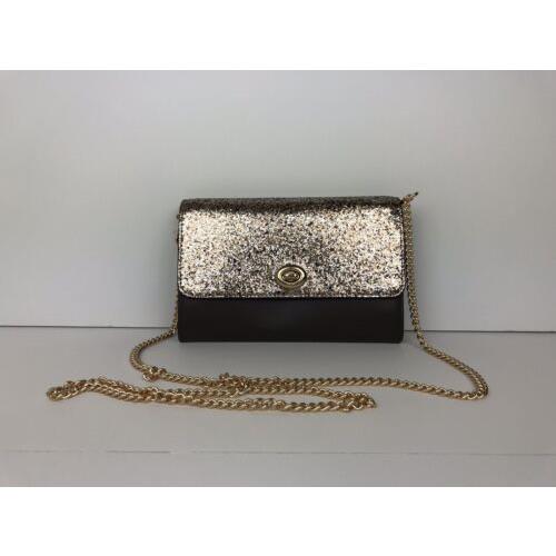 Coach Glitter Turnlock Chain Crossbody Clutch F38963 Gold/platinum/dark Brown