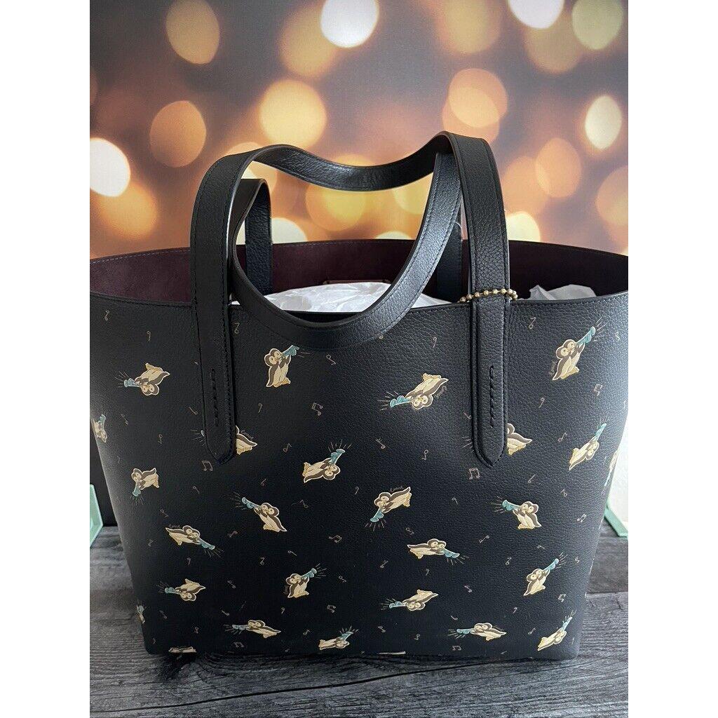 Coach Highline Leather Black Tote with Singing Owl good Print