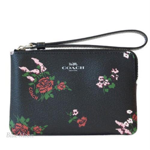 Coach Black Floral Pvc Leather Corner Stitch Wristlet