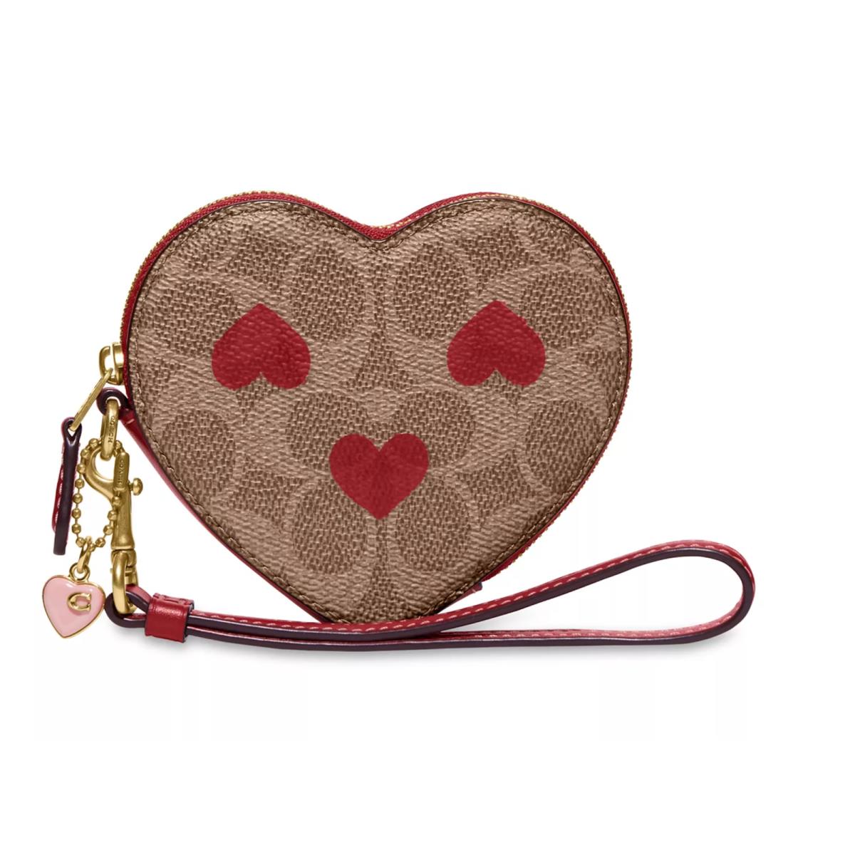 Coach Heart Coin Case Wristlet Wallet Signature Canvas Khaki Red Brass