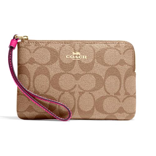 Coach Corner Zip Wristlet -CK358 Khaki Signature Canvas / Cerise Pink Leather