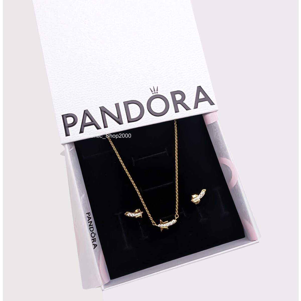 Pandora 14k Gold P Shooting Star Necklace Stud Earring Gift Set B802276