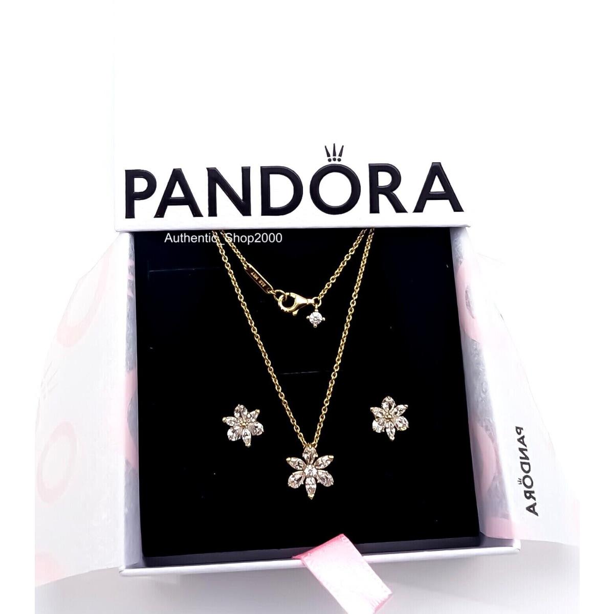 Pandora 14k Gold P Sparkling Herbarium Necklace + Earring Gift Set B802280