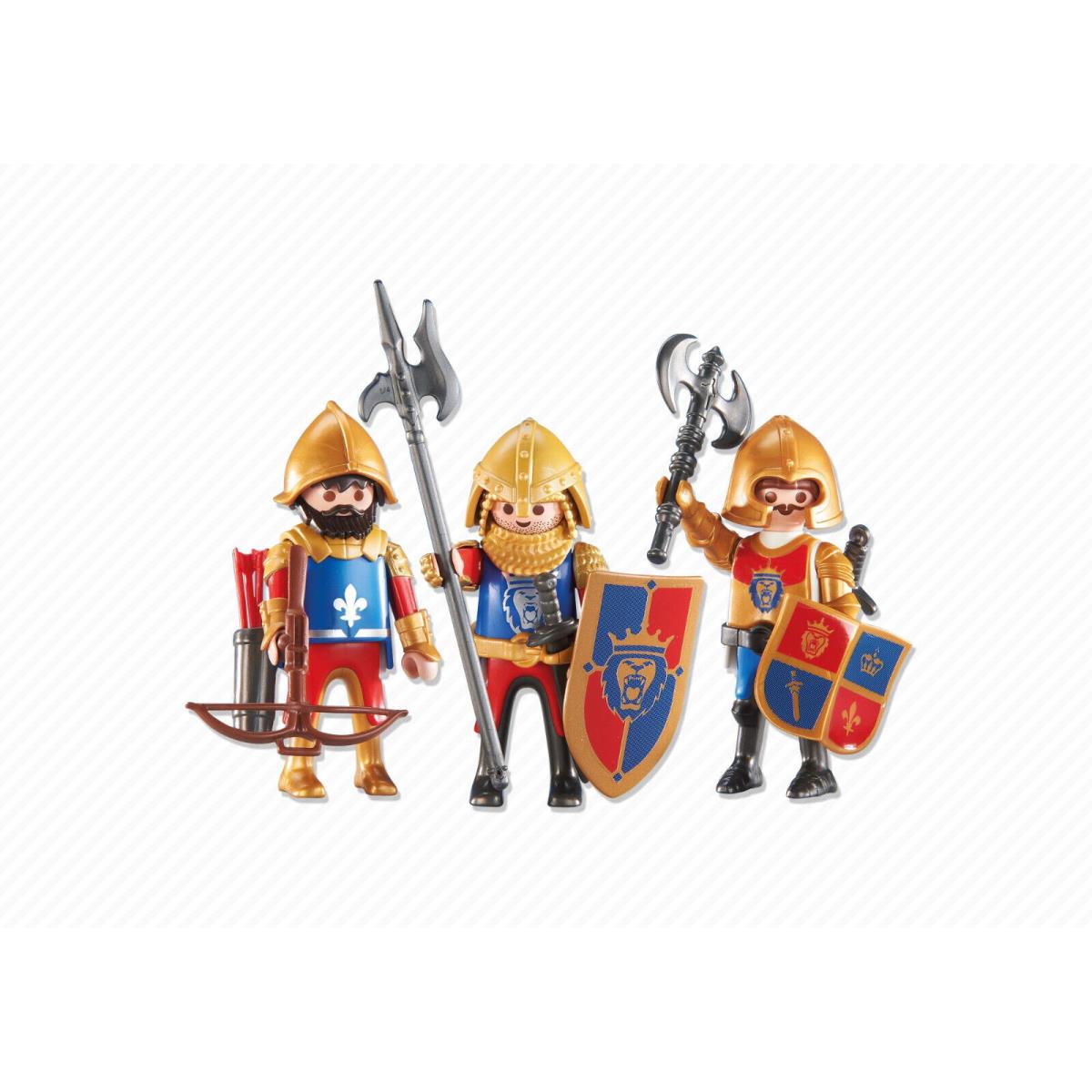 Playmobil 6379 3 Lion Knight Figures Red Blue Crossbow Axe Add-on Bag