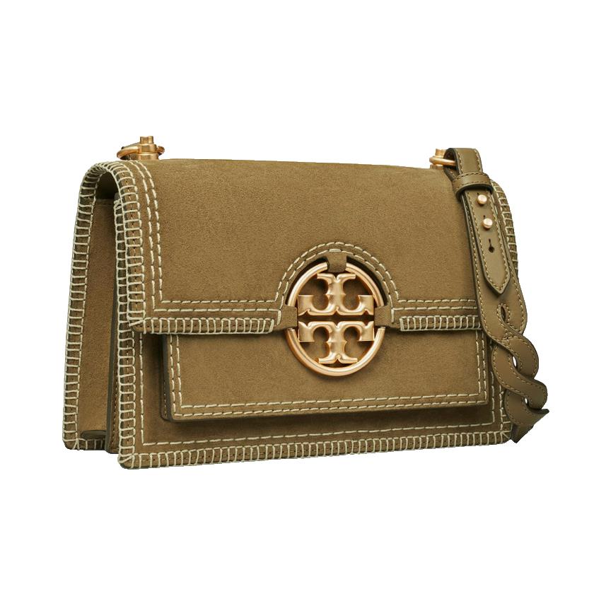 Tory Burch Miller Suede Logo Plaque Stitched Flap Shoulder Bag