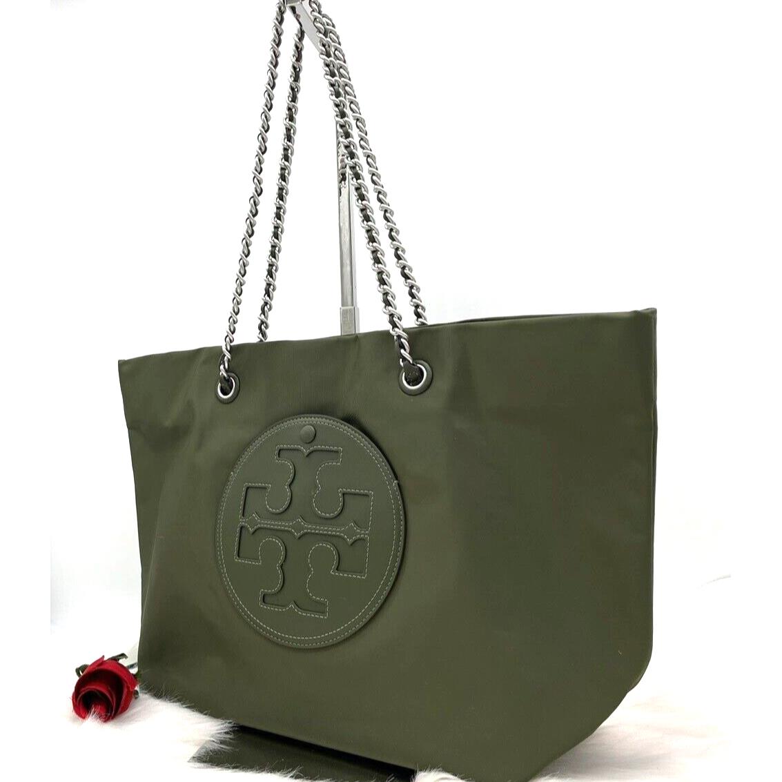 Tory Burch Ella Logo Chain Recycled Nylon Tote Shopper In Olive Green