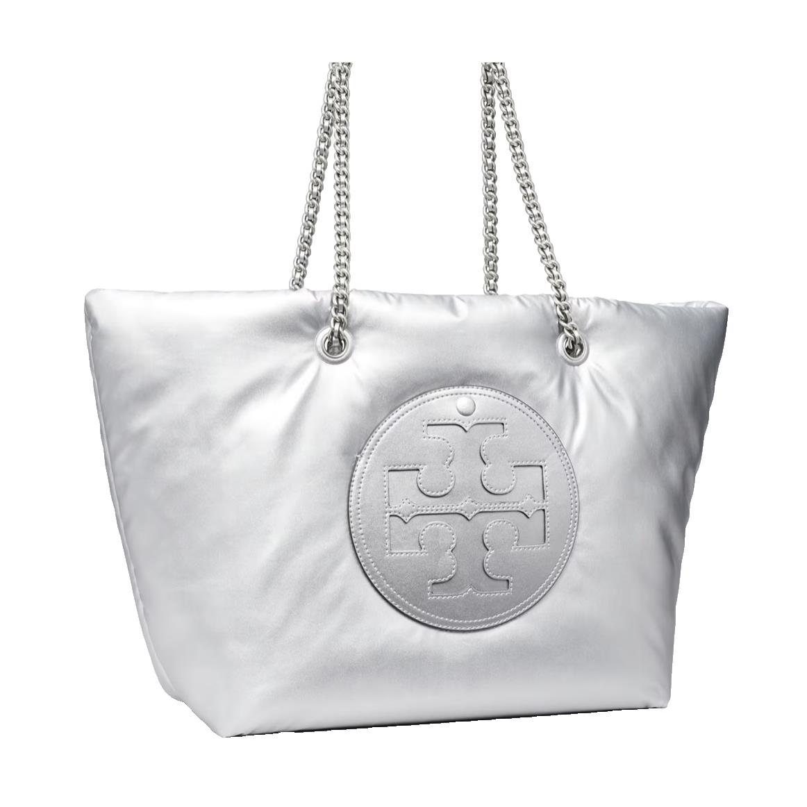 Tory Burch Ella Logo Metallic Soft Puffy Chain Tote Shopper In Silver