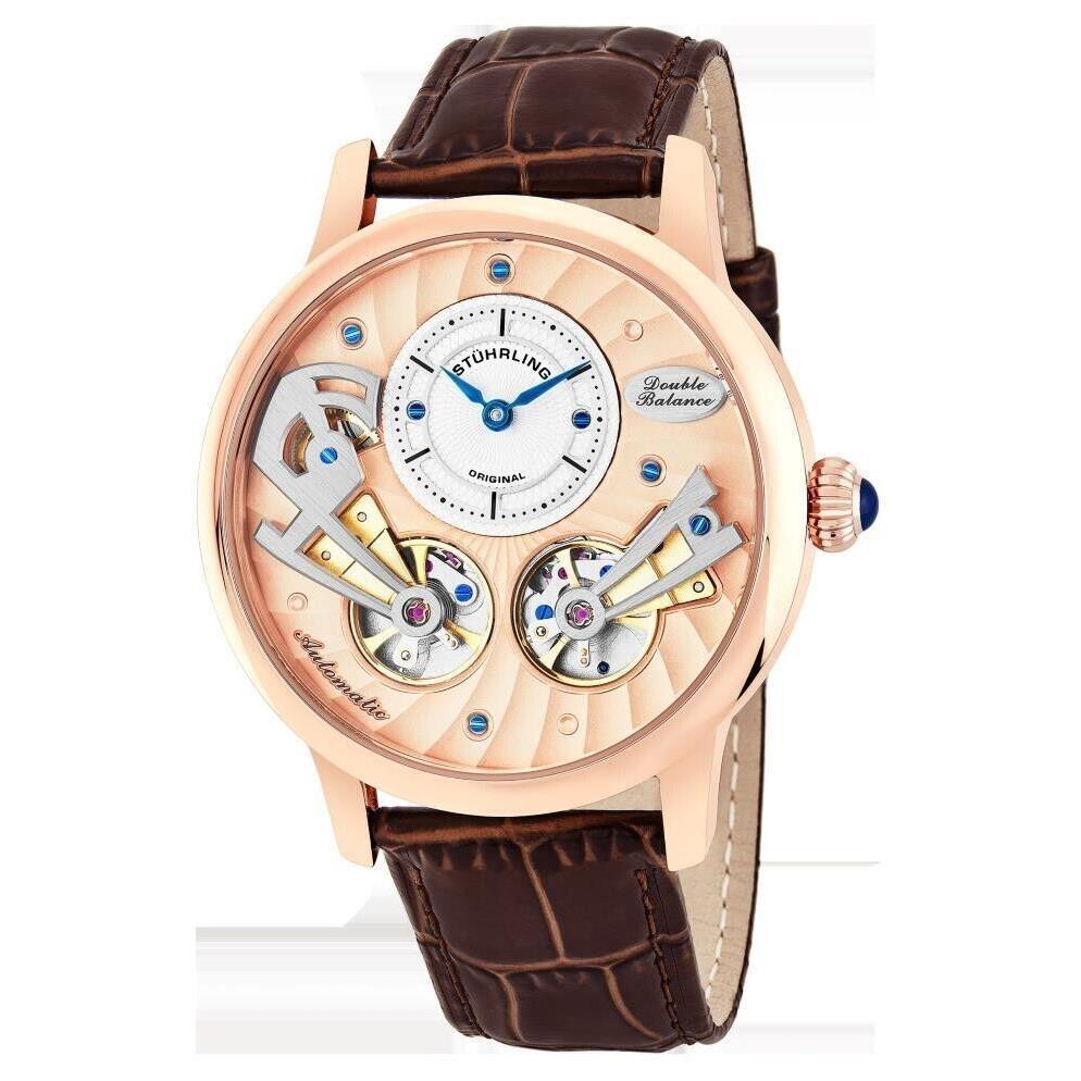 Stuhrling 740 Sagittarian Automatic Open Heart Brown Leather Strap Mens Watch