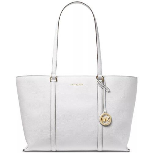 Kors Women Temple Tote Gold Logo Top Handle Leather Optic White