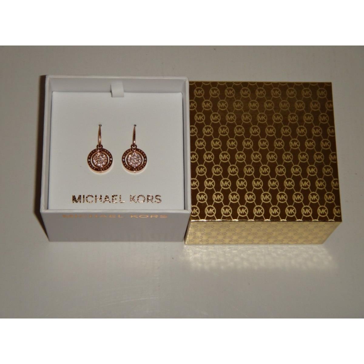 Michael Kors MK Monogram Rose Gold Drop Earrings Reversible Disk Crystals + Box