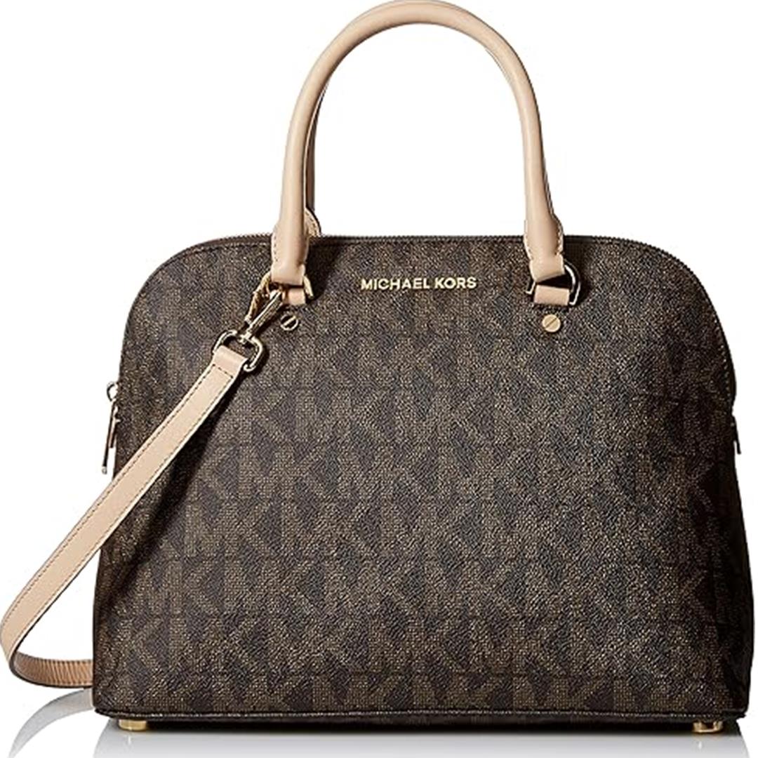 Michael Kors Cindy Large Leather Bag Dome Satchel Purse Brown Handbag Zipper