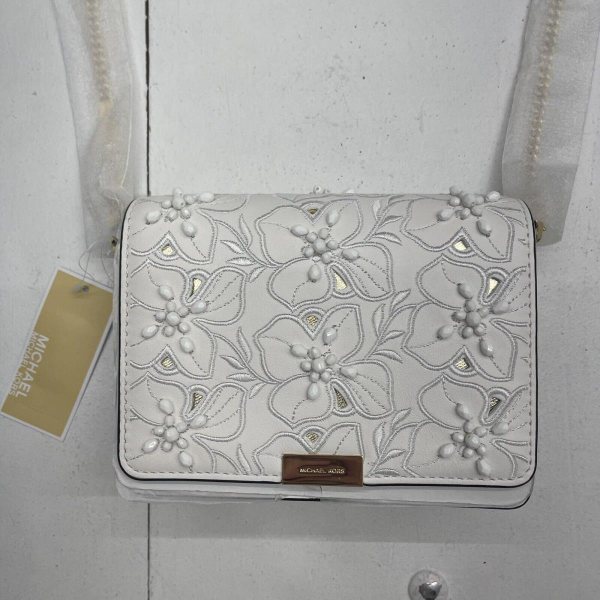 Michael Kors Jade Gusset Medium Clutch Crossbody White Embroidered Crossbody