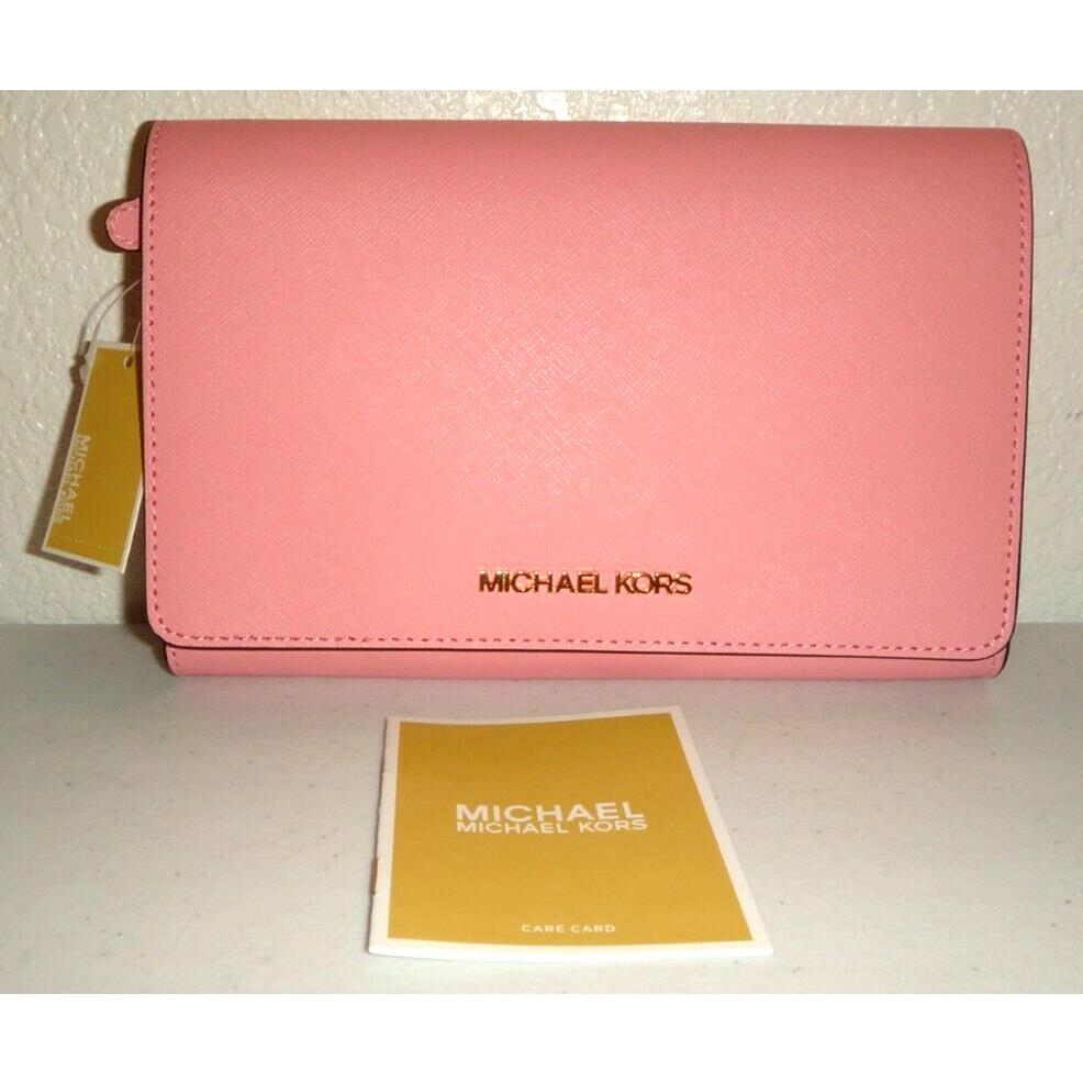 Michael Kors MK Convertible Cross-body Clutch Bag Wallet on Strap Pink Saffiano