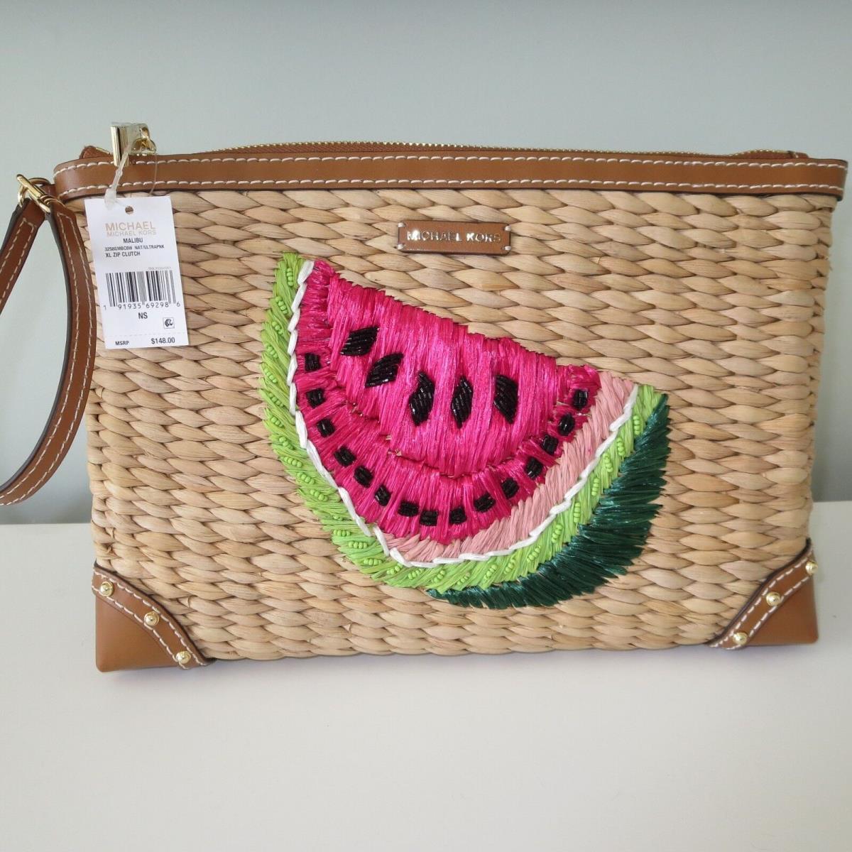 Michael Kors Malibu Straw Watermelon XL Clutch Zip WRISTLET-$148+