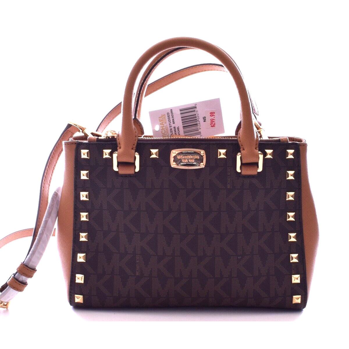 Michael Kors Kellen Stud Monogram Samll Brown Acorn Tote Crossbody Bag