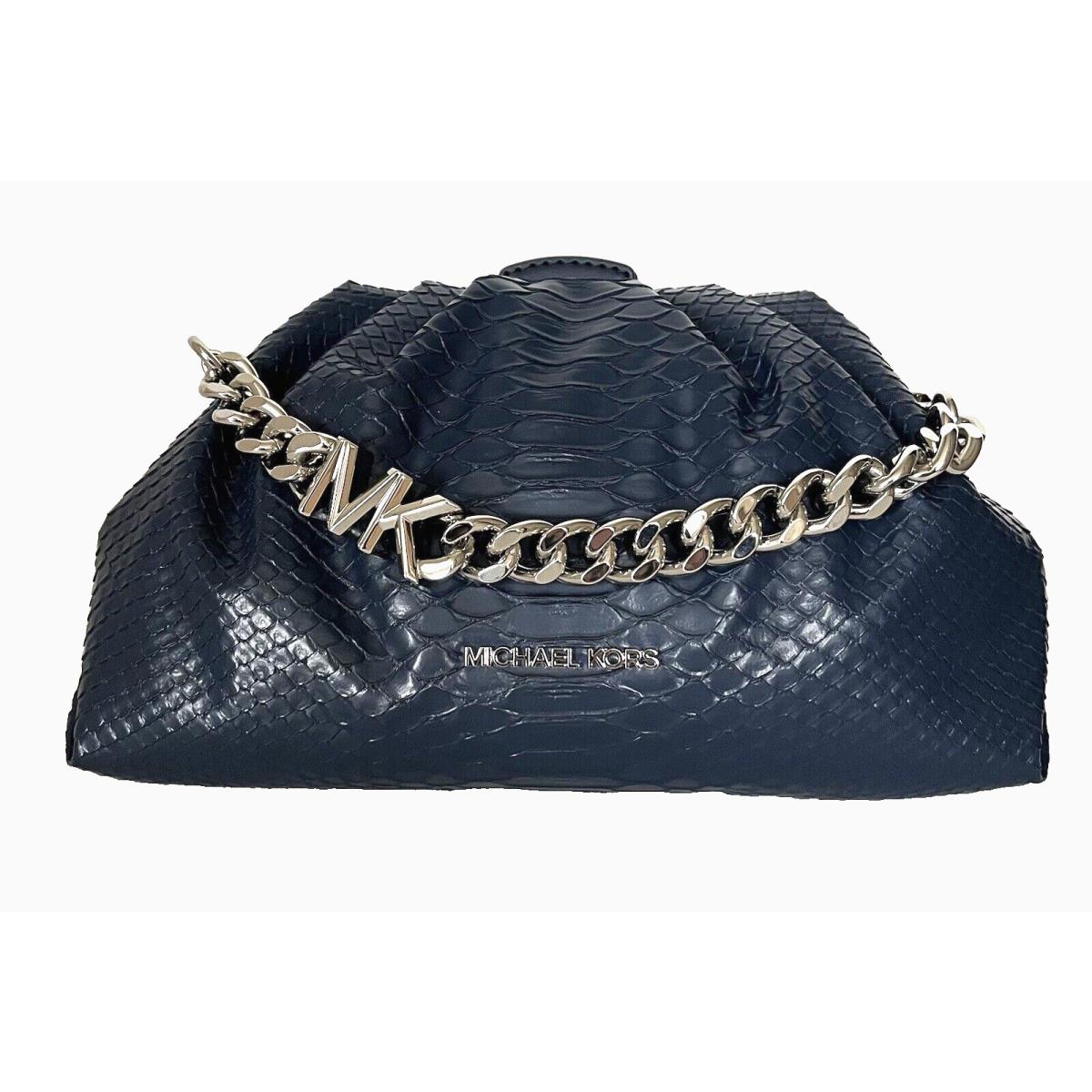 Michael Kors Nola Small Snake Embossed Crossbody Chain Clutch Navy /dust Bag