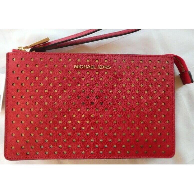 Michael Kors Gussett Leather Wristlet Clutch Perforated Circles Red Gold