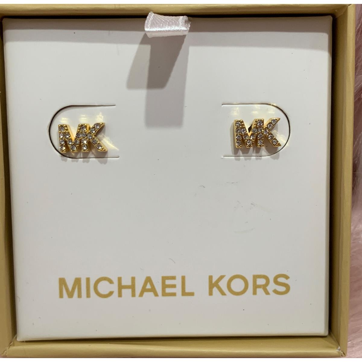 Michael Kors Womens MK Logo Stud Earrings Pave Crystals Gold Tone Glitz