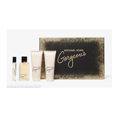 Michael Kors Gorgeous 4pc Set Parfum Spray 3.4 oz Lotion Shower Gel Purse Spray