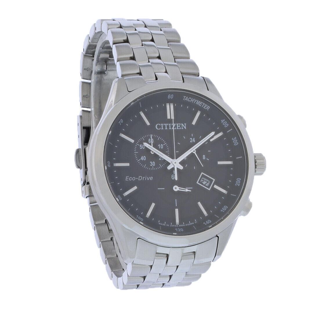 Citizen Eco Drive Mens Chronograph Stainless Steel Black Dial Watch AT2140-55E