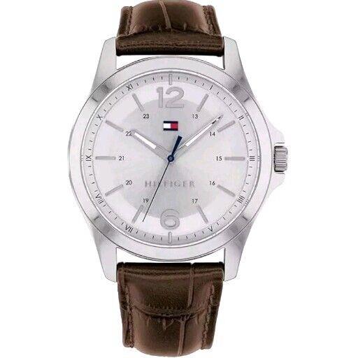 Tommy Hilfiger Mens Watch 44mm Silver Dial Brown Gator Leather Strap 1791377