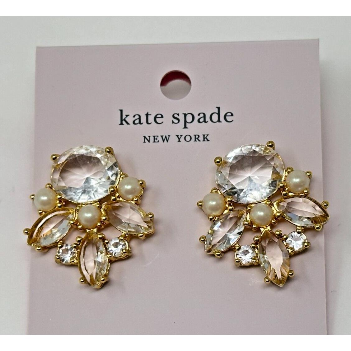 New Kate Spade New York Goldtone Chantilly Gems Rhinestone Pearl Stud Earrings