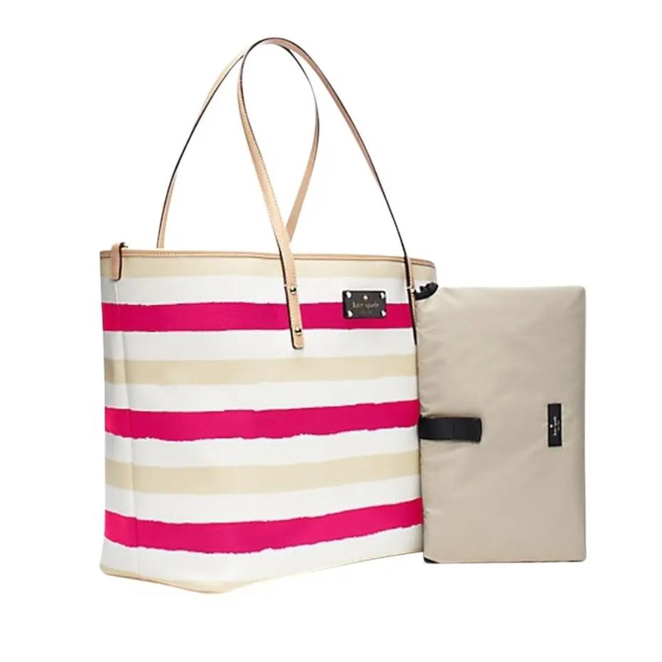 Kate Spade Pink White Beige Bondi Road Coated Vinyl Diaper Bag W/changing Pad