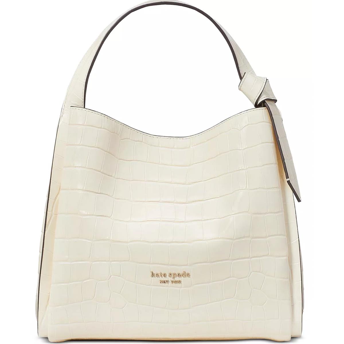 Kate Spade Katy Knott Croc Embossed Leather Small Crossbody Tote Halo White
