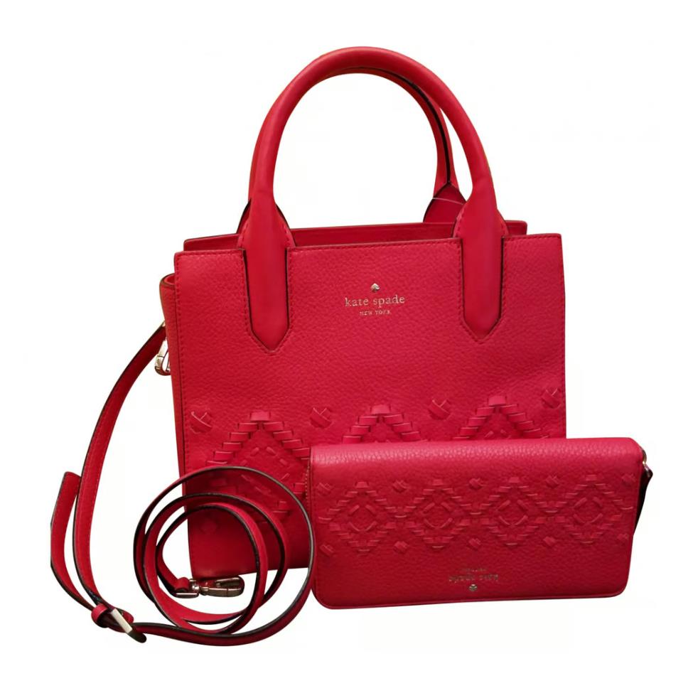 Kate Spade Red Meriwether Flynn Whipstitch Tote W/matching Zip Around Wallet Set