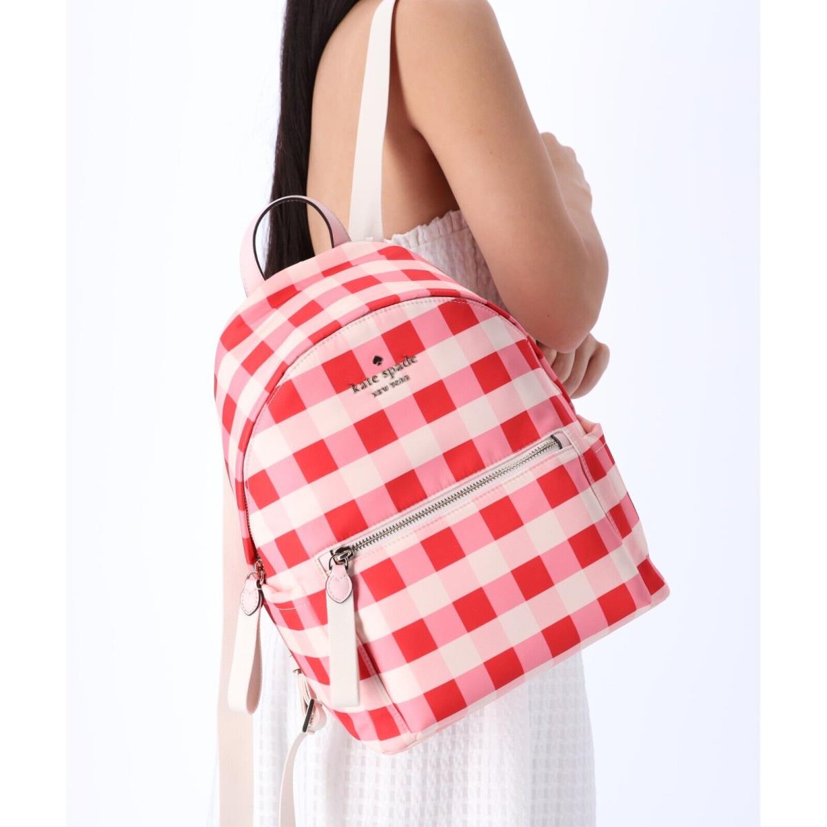 Kate Spade New York Chelsea Gingham Check Print Nylon Medium Backpack Pink Multi