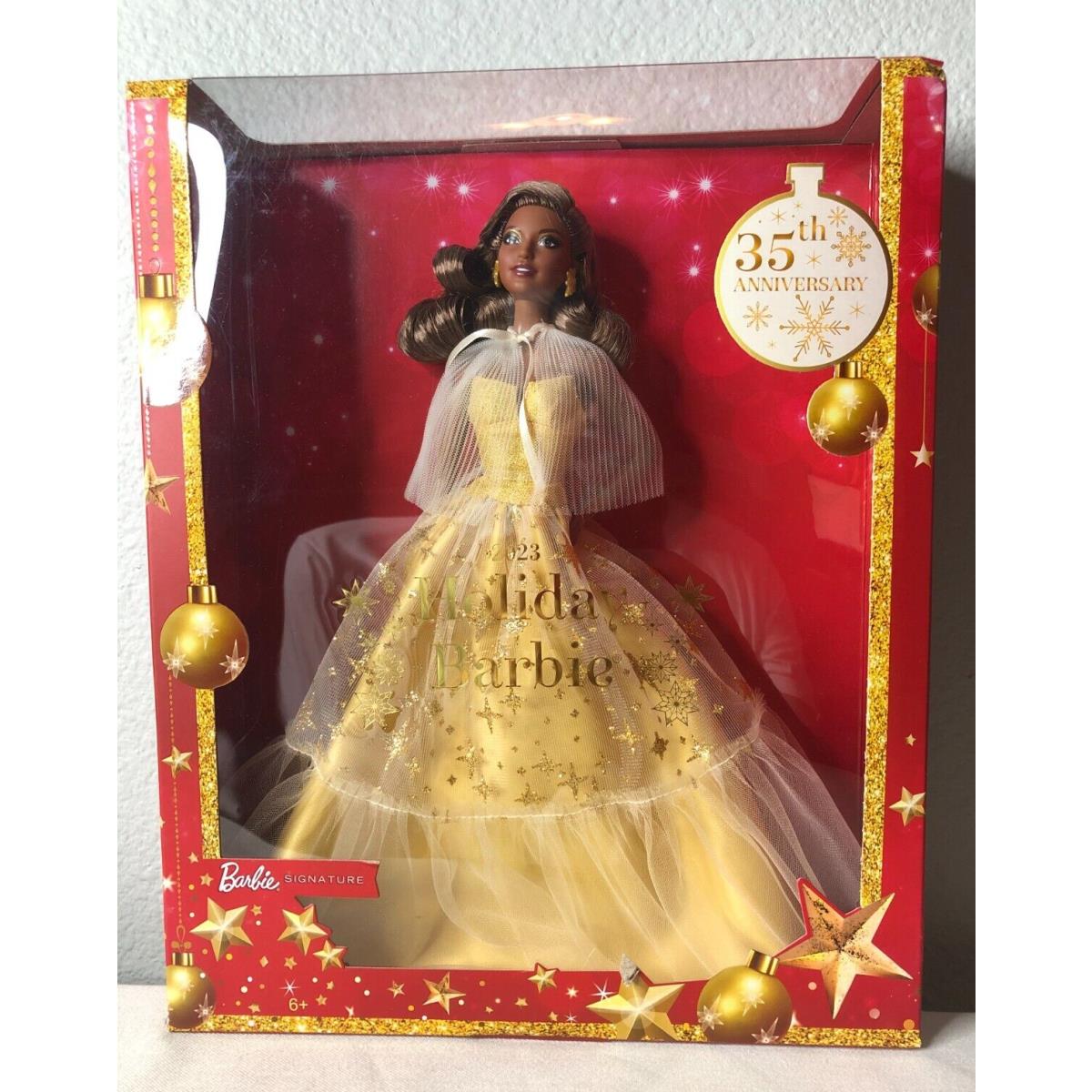 Barbie 2023 Holiday Doll Dark Brown Hair 35th Anniversary Collector Model HJX05