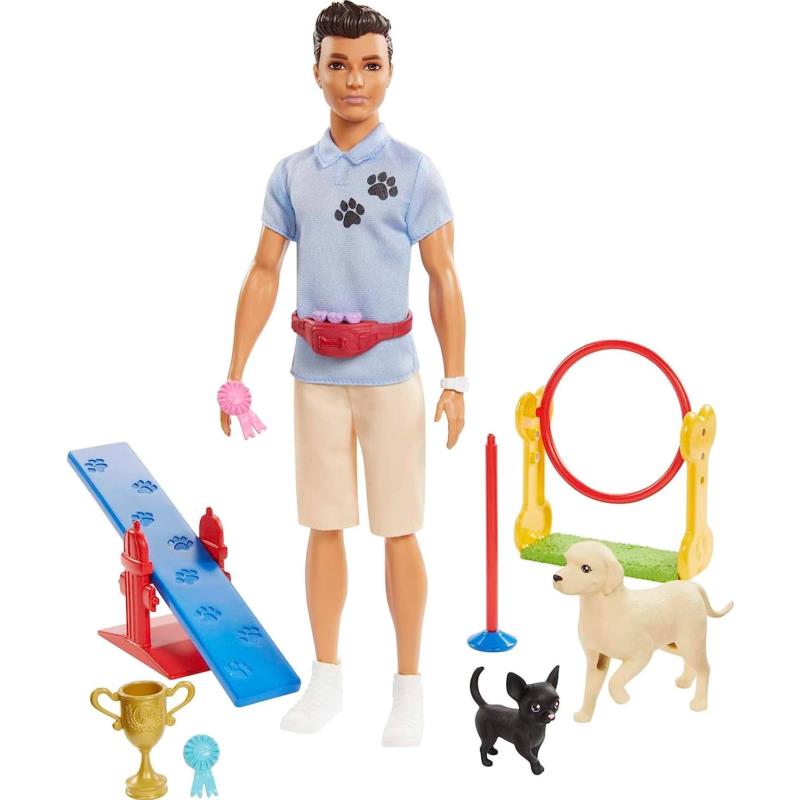 Barbie Ken Dog Trainer Playset with Doll 2 Dog Figures Hoop Ring Balance Bar