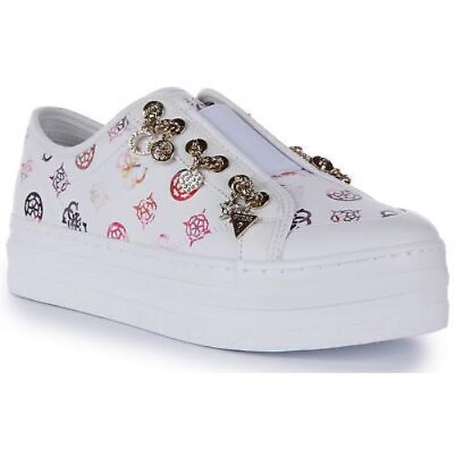 Guess Betrix 4G Peony Logo Leather Sneaker In White Pink Womens US 5 - 10