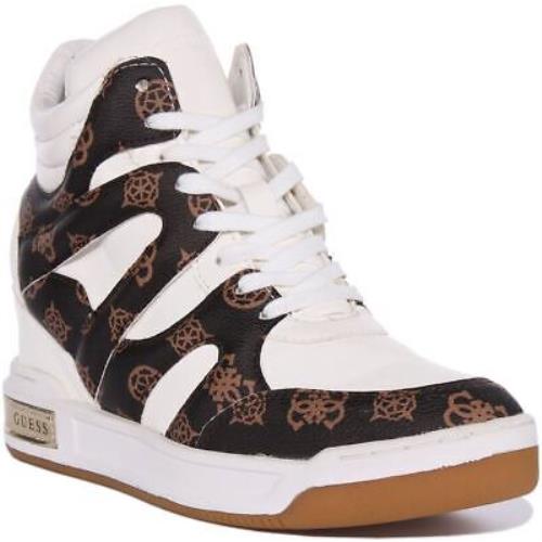 Guess Fl8Lissmf12 Lisa Women Lace Up Wedge Sneaker In White Brown Size US 5 - 11