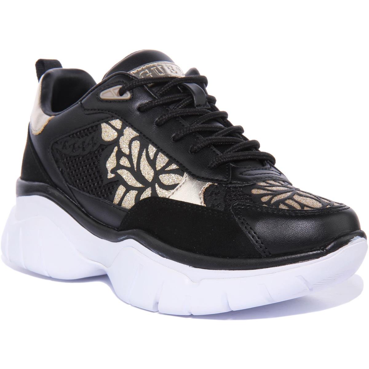 Guess Fl5Dr2Fab12 Womens Lace Up Sneakers with Floral Art Size US 5 - 11 BLACK GOLD