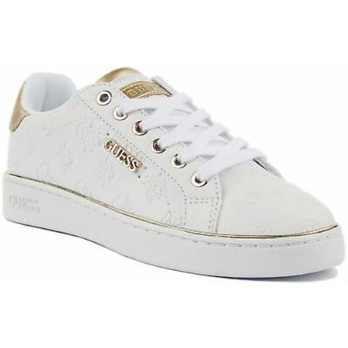 Guess Womens FL7BKIFAL12 Beckie All Over Logo Trainers In White Gold US 5 - 11