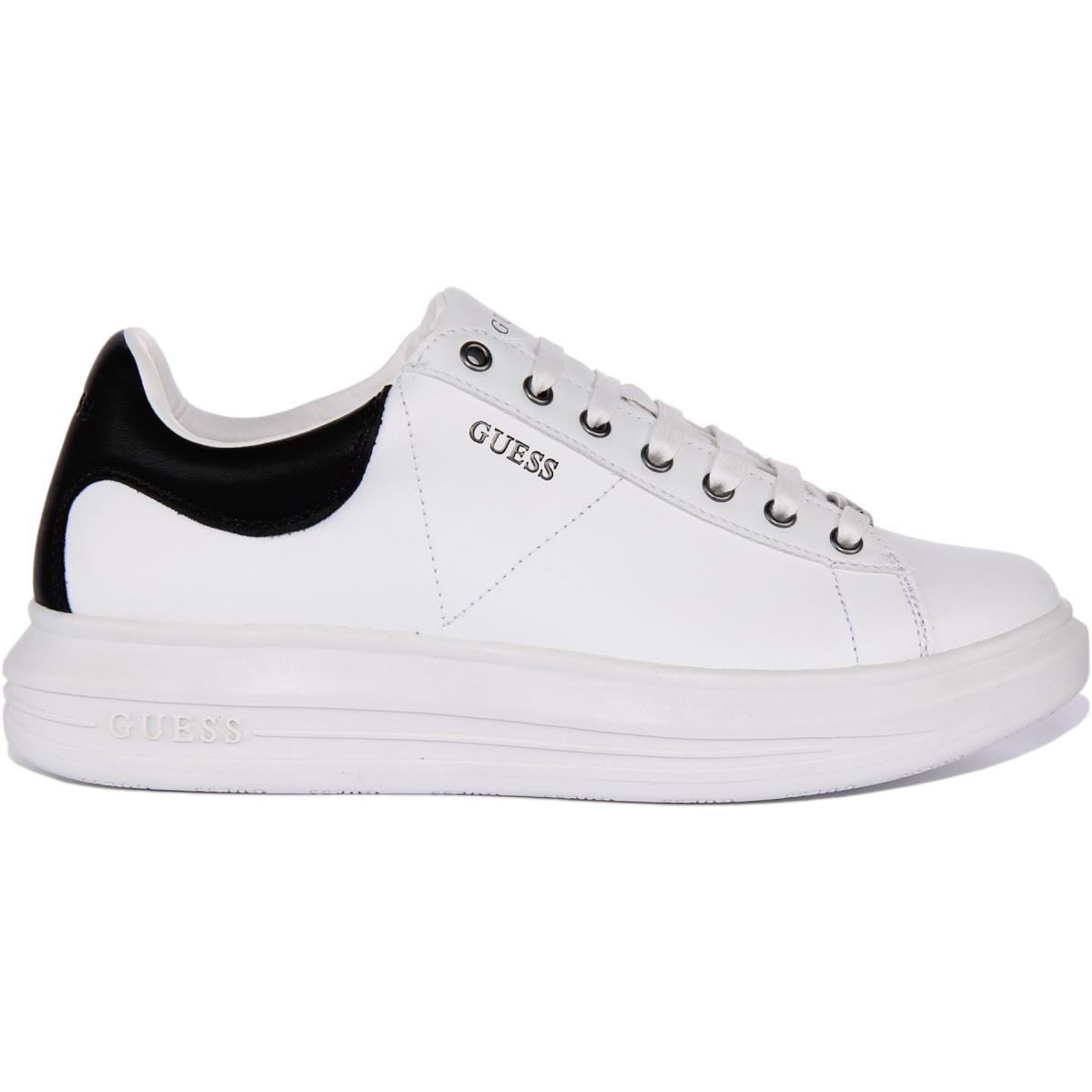 Guess Vibo Mens Mixed Leather Lace Up Sneakers White Black Mens US 7 - 13