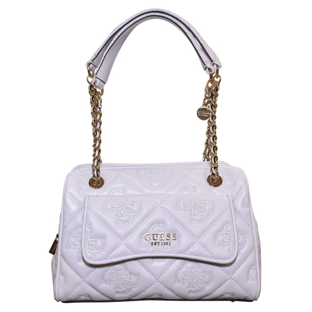 Guess Marieke Women`s Handbag White Logo/Light Gold Details