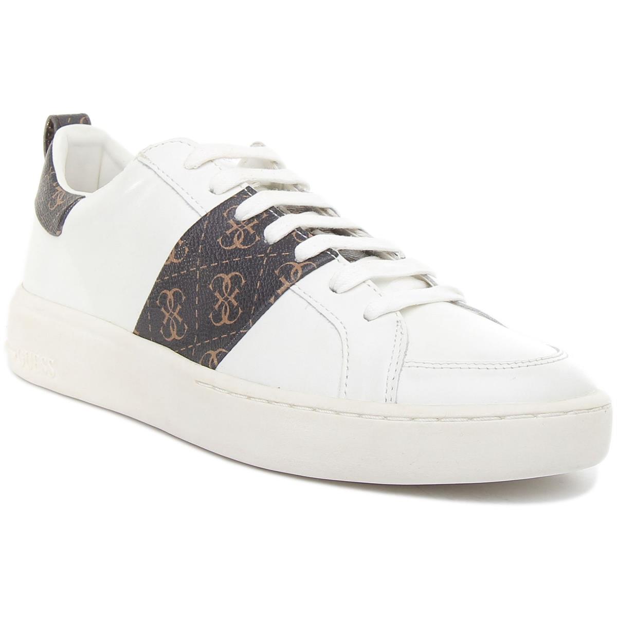 Guess Men Verona Leather Low Sneakers In White Brown Colour US 7 - 13 WHITE BROWN