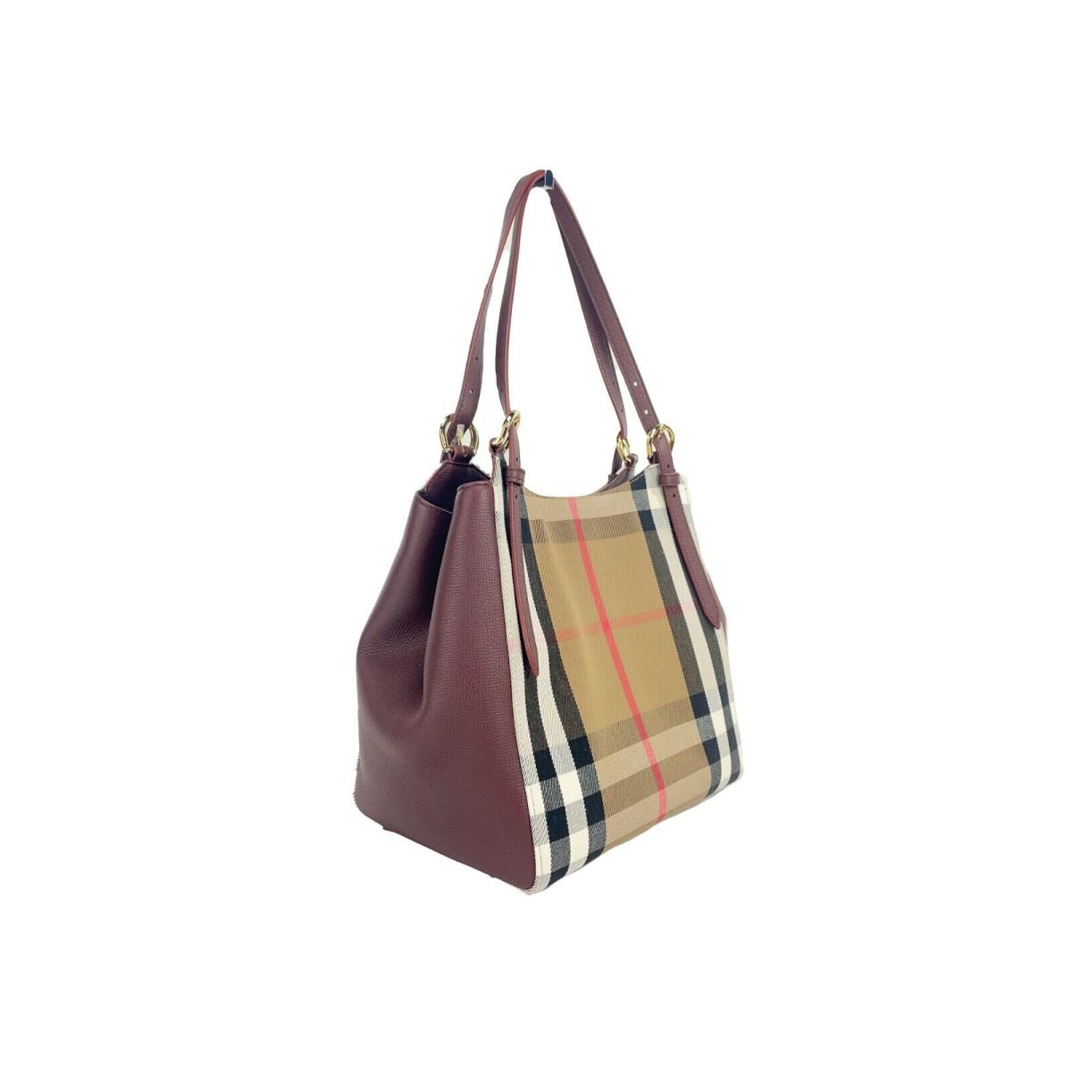 Burberry Small Canterby Mahogany Leather Check Canvas Tote Bag Purse