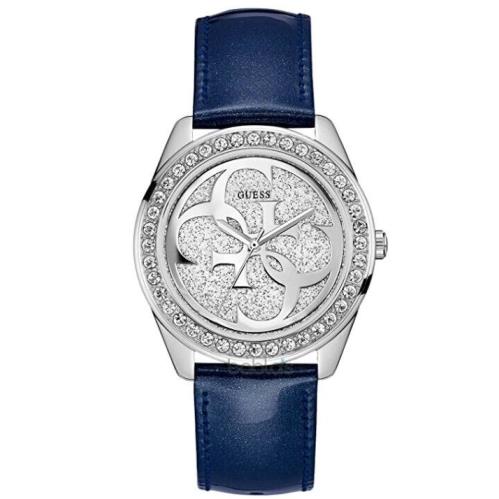 Guess Blue Shiny Leather Strap Silver Dial Gemmed 40mm Women`s Watch W0627L13