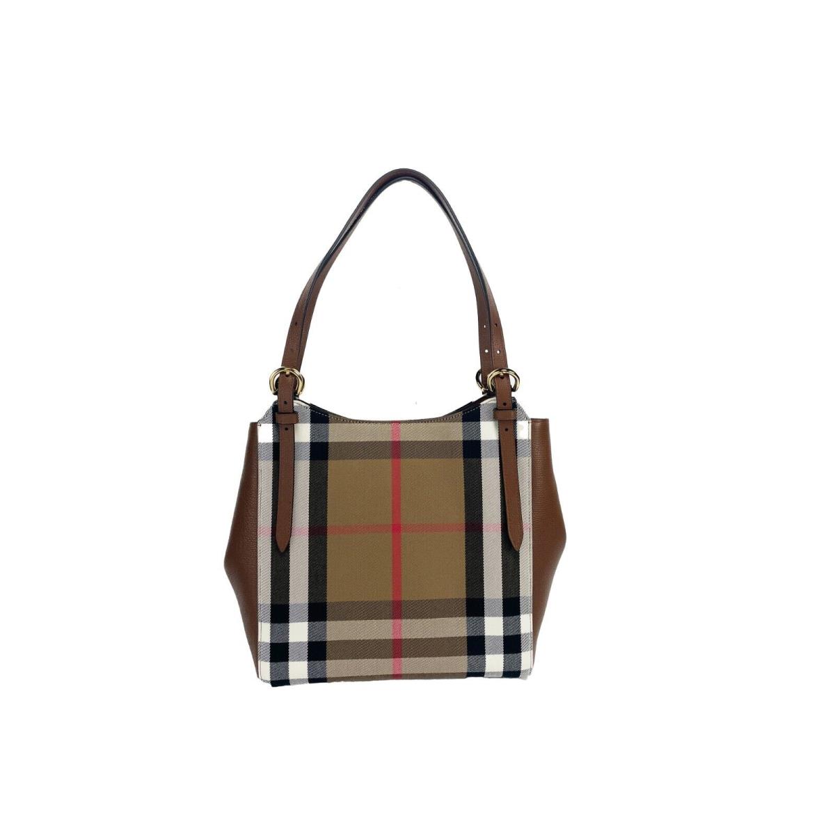 Burberry Small Canterby Tan Leather Check Canvas Tote Bag Purse