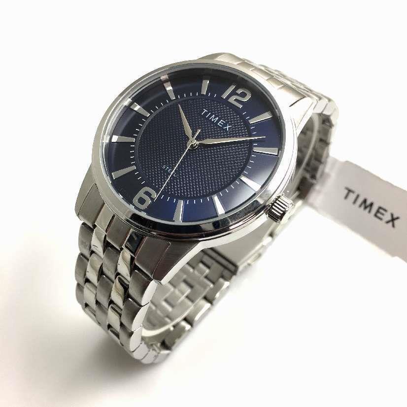 Men`s Timex Classic Premium Silver Tone Stainless Steel Blue Watch TW2T59800