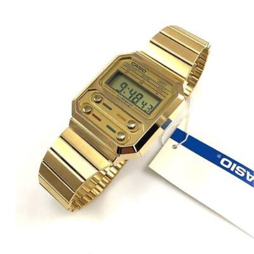Casio Vintage Collection Gold Tone Digital Dial Steel Band Watch A100WEG-9A