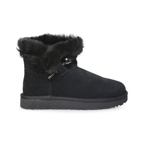 Ugg Classic Fluff Pin Mini Black Leather Sheepskin Women`s Boots Size US 7