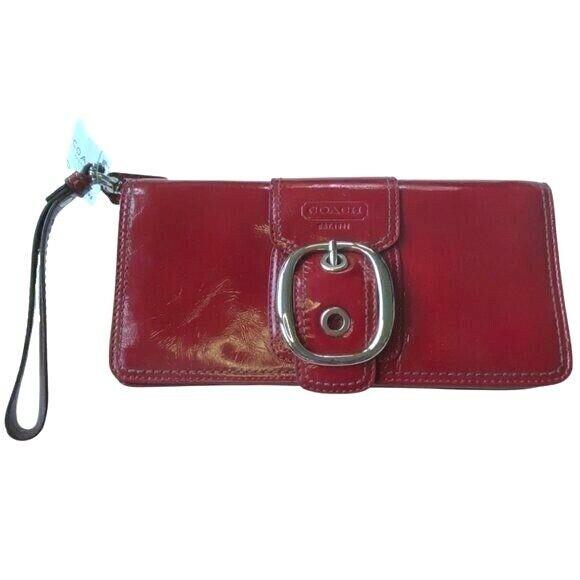 Coach Crimson Red Patent Leather Buckle Wristlet Wallet