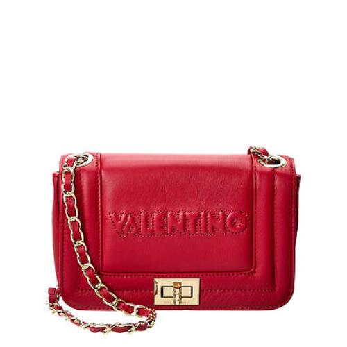 Valentino Women`s Red Solid Chain Embossed Logo Double Flat Strap Shoulder Bag