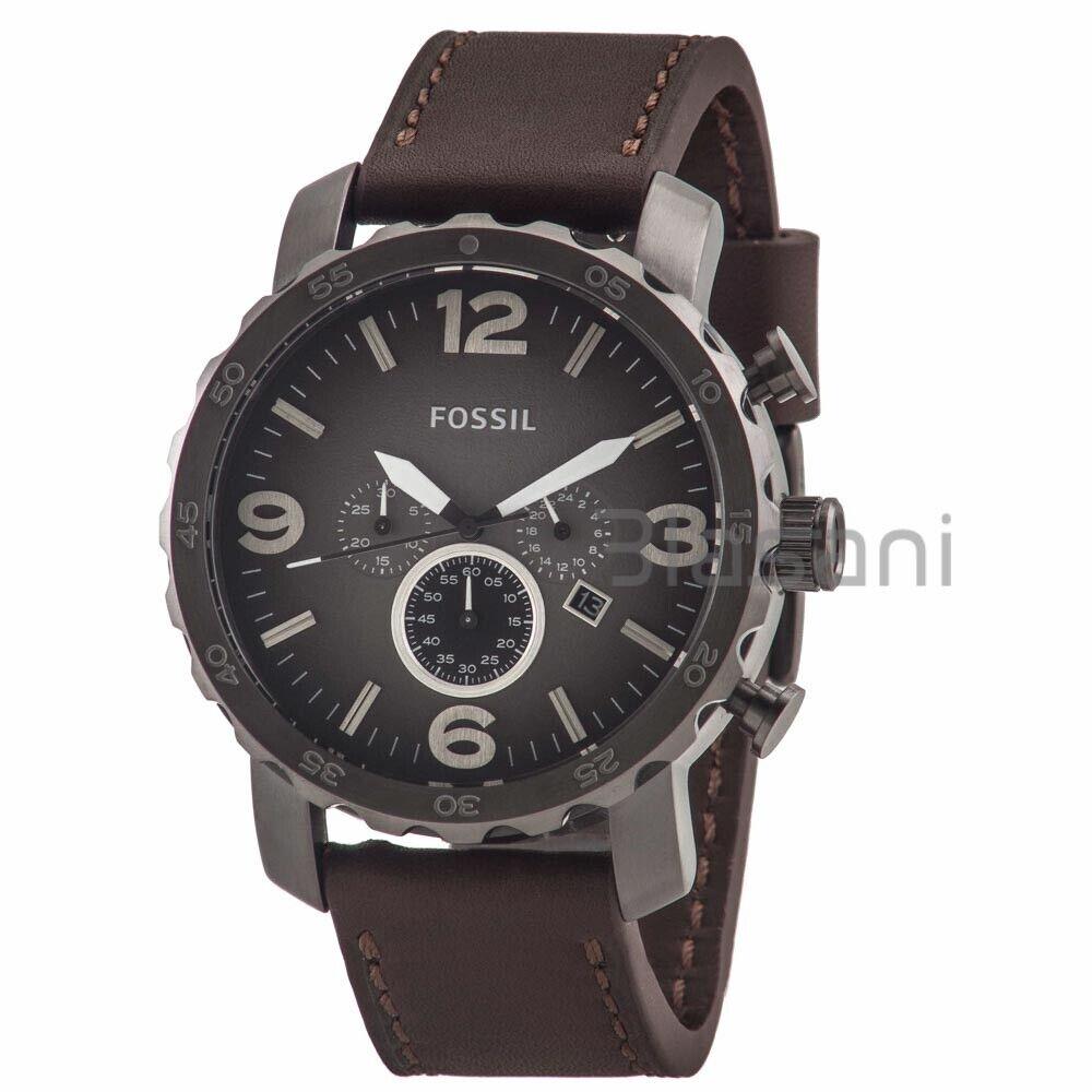 Fossil JR1424 Men`s Nate Stainless Steel Brown Leather Chronograph Watch 50mm