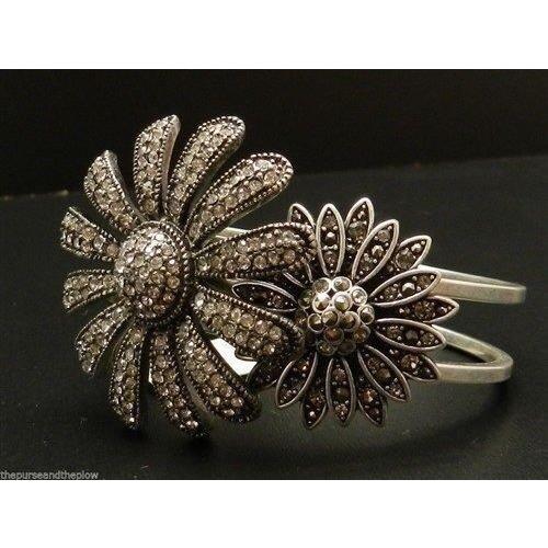 Fossil Pave Flower Cuff Hinge Bracelet Silvertone