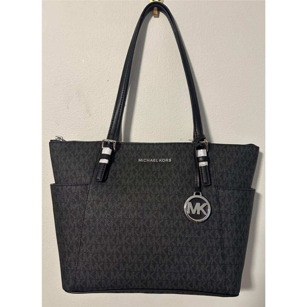 Michael Kors Jet Set East West Medium Top Zip MK Signature Logo Leather Tote BLACK MK/SV